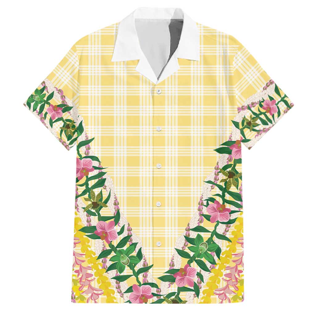 Hawaii Pikake Lokelani Plumeria Lei Family Matching Off Shoulder Maxi Dress and Hawaiian Shirt Yellow Palaka Motifs