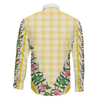 Hawaii Pikake Lokelani Plumeria Lei Family Matching Off Shoulder Maxi Dress and Hawaiian Shirt Yellow Palaka Motifs