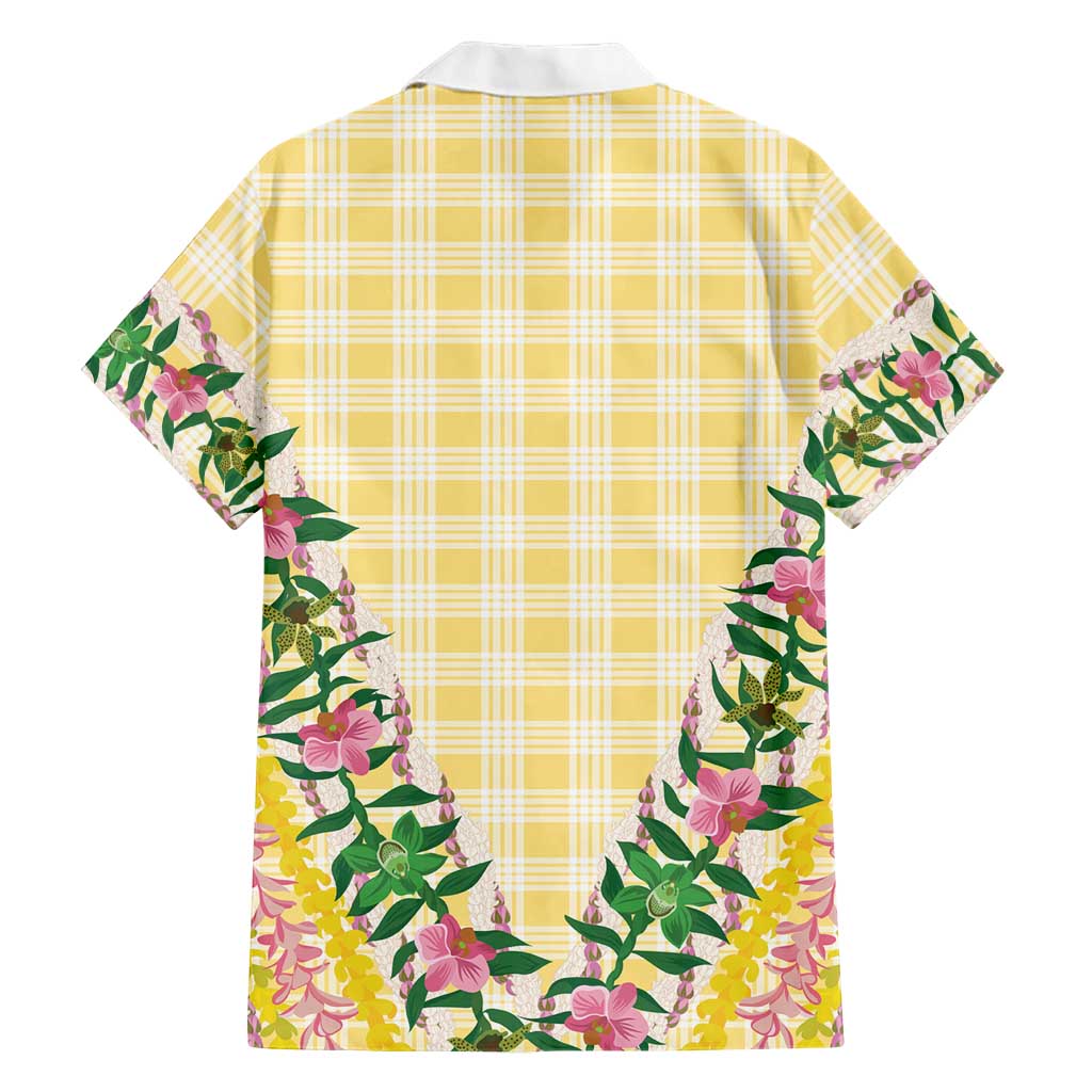 Hawaii Pikake Lokelani Plumeria Lei Family Matching Off Shoulder Short Dress and Hawaiian Shirt Yellow Palaka Motifs