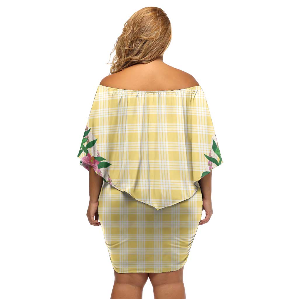 Hawaii Pikake Lokelani Plumeria Lei Family Matching Off Shoulder Short Dress and Hawaiian Shirt Yellow Palaka Motifs