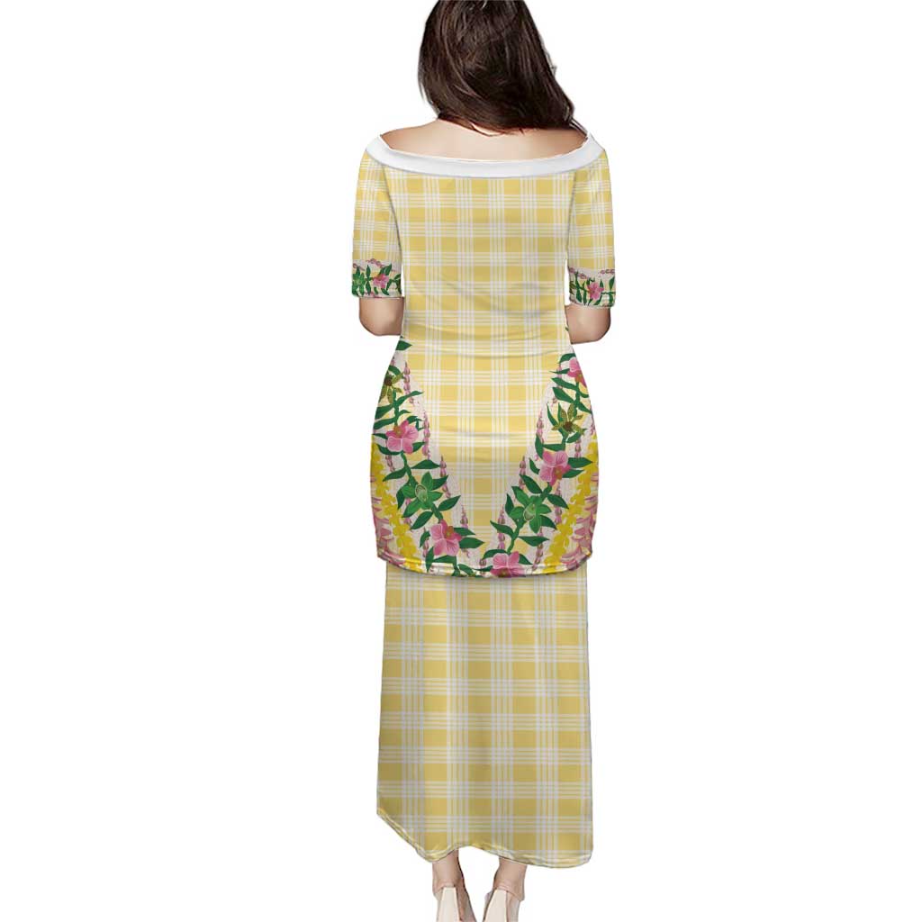 Hawaii Pikake Lokelani Plumeria Lei Family Matching Puletasi and Hawaiian Shirt Yellow Palaka Motifs