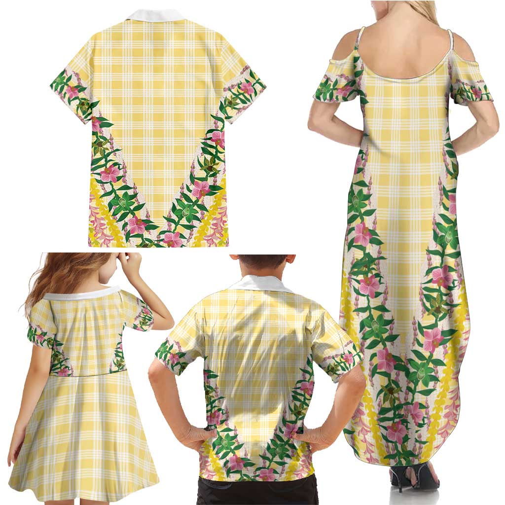 Hawaii Pikake Lokelani Plumeria Lei Family Matching Summer Maxi Dress and Hawaiian Shirt Yellow Palaka Motifs