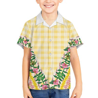 Hawaii Pikake Lokelani Plumeria Lei Family Matching Summer Maxi Dress and Hawaiian Shirt Yellow Palaka Motifs