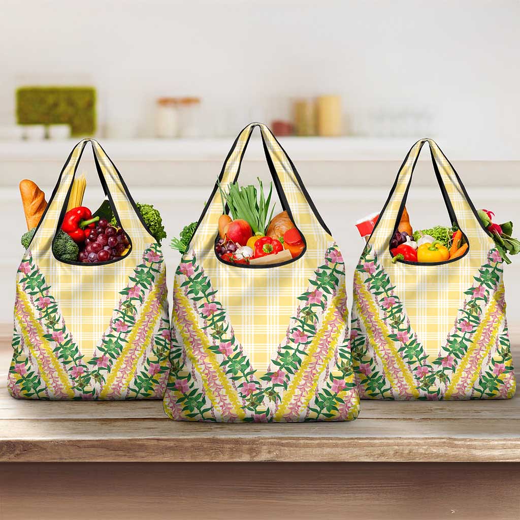 Hawaii Pikake Lokelani Plumeria Lei Grocery Bag Yellow Palaka Motifs LT05 3-pack One Size Yellow - Polynesian Pride