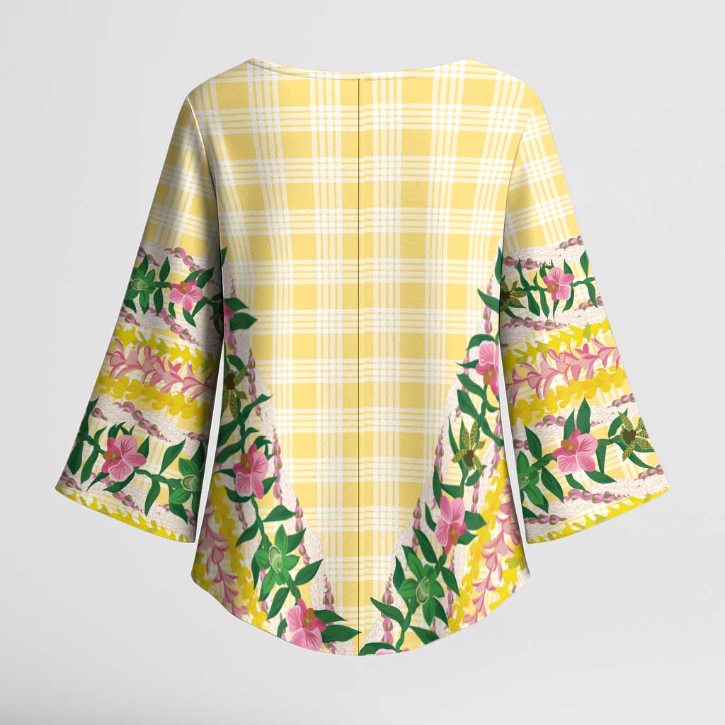 Hawaii Pikake Lokelani Plumeria Lei Kimono Sleeve Blouse Yellow Palaka Motifs LT05 - Polynesian Pride