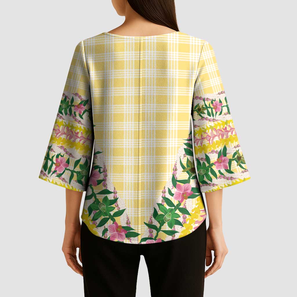 Hawaii Pikake Lokelani Plumeria Lei Kimono Sleeve Blouse Yellow Palaka Motifs LT05 - Polynesian Pride