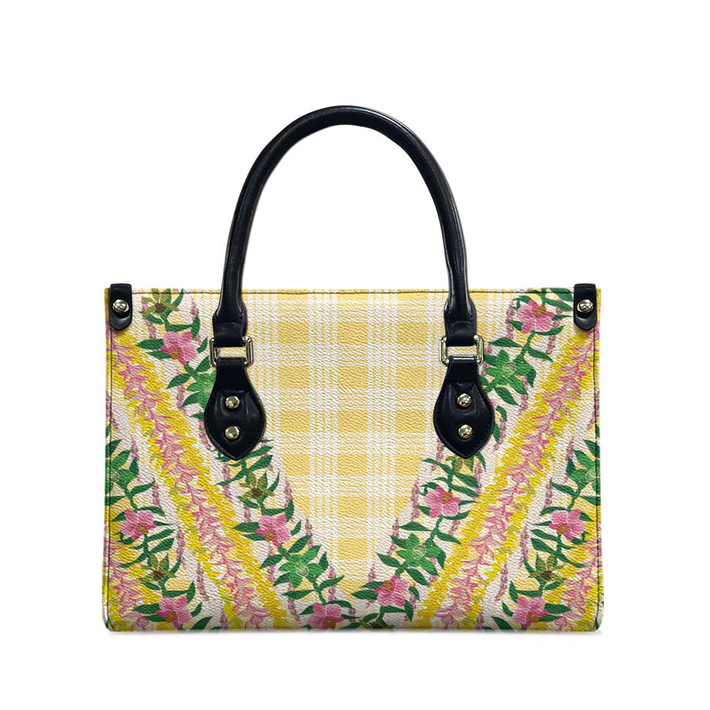 Hawaii Pikake Lokelani Plumeria Lei Leather Bag Yellow Palaka Motifs LT05 - Polynesian Pride