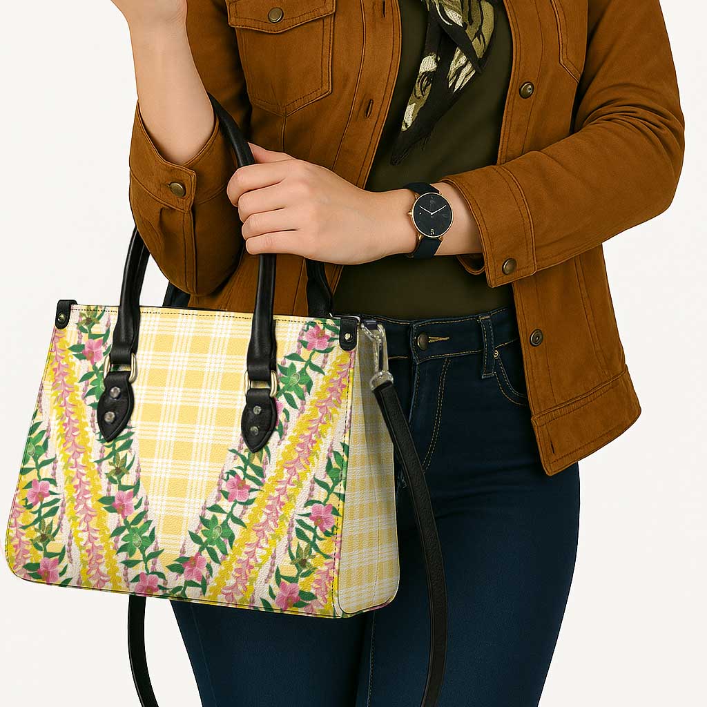 Hawaii Pikake Lokelani Plumeria Lei Leather Bag Yellow Palaka Motifs LT05 - Polynesian Pride