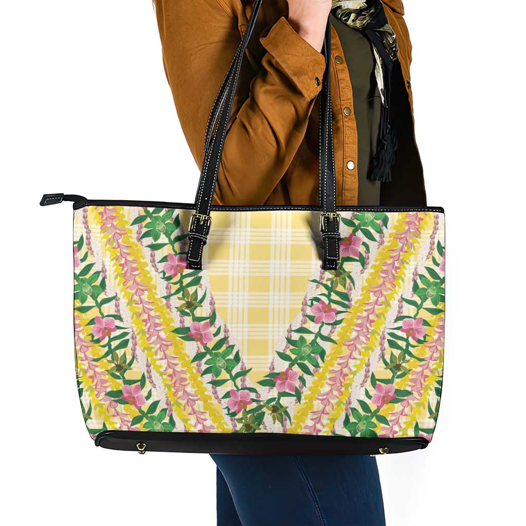 Hawaii Pikake Lokelani Plumeria Lei Leather Tote Bag Yellow Palaka Motifs
