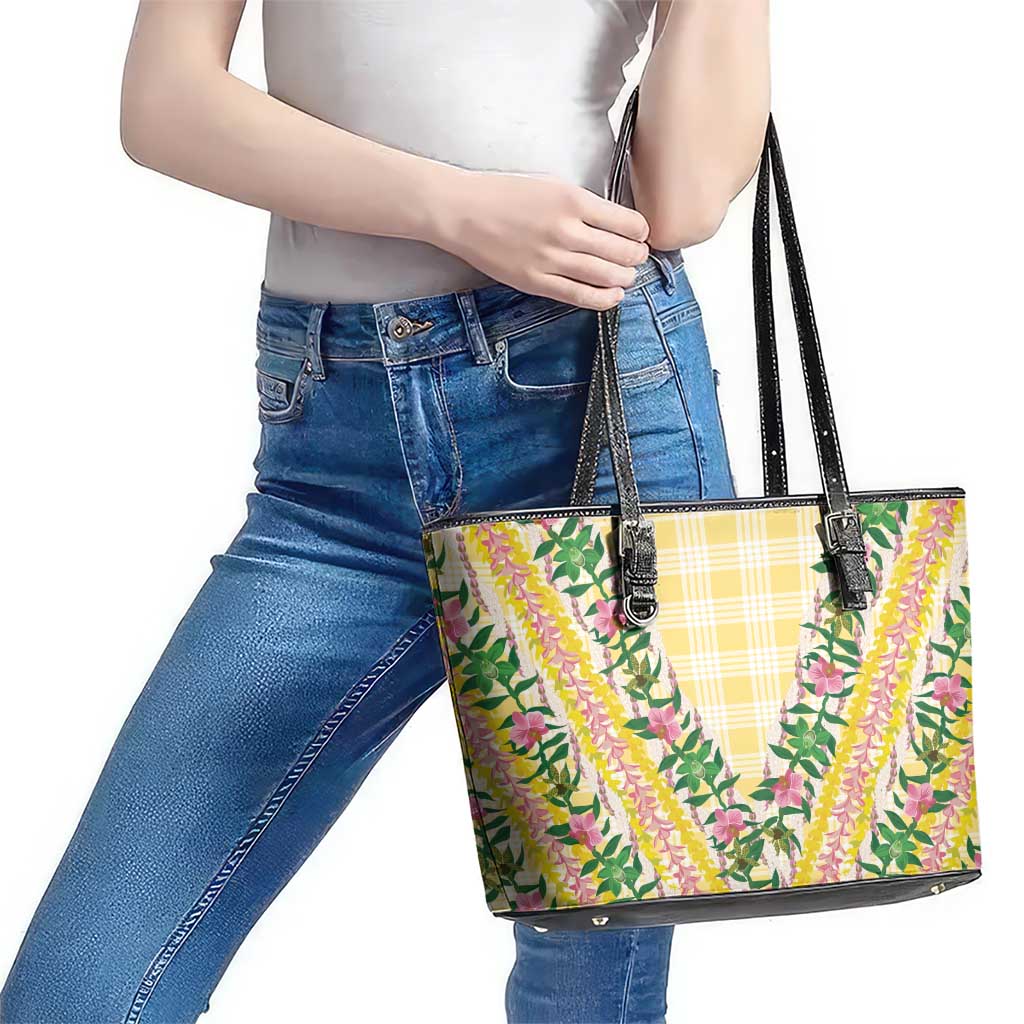 Hawaii Pikake Lokelani Plumeria Lei Leather Tote Bag Yellow Palaka Motifs