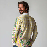 Hawaii Pikake Lokelani Plumeria Lei Long Sleeve Polo Shirt Yellow Palaka Motifs