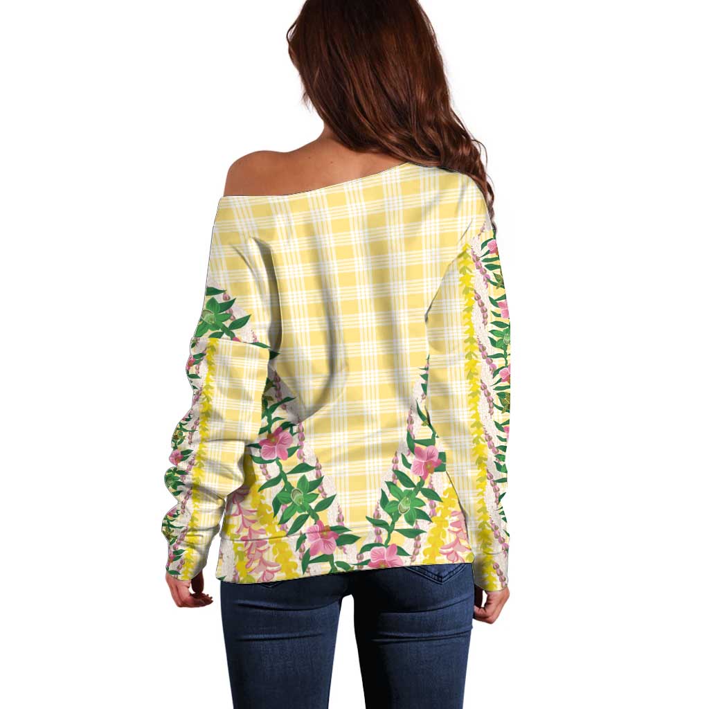 Hawaii Pikake Lokelani Plumeria Lei Off Shoulder Sweater Yellow Palaka Motifs LT05 - Polynesian Pride