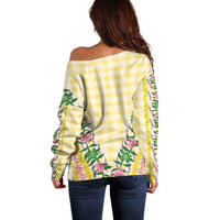 Hawaii Pikake Lokelani Plumeria Lei Off Shoulder Sweater Yellow Palaka Motifs LT05 - Polynesian Pride