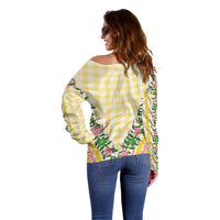 Hawaii Pikake Lokelani Plumeria Lei Off Shoulder Sweater Yellow Palaka Motifs LT05 - Polynesian Pride