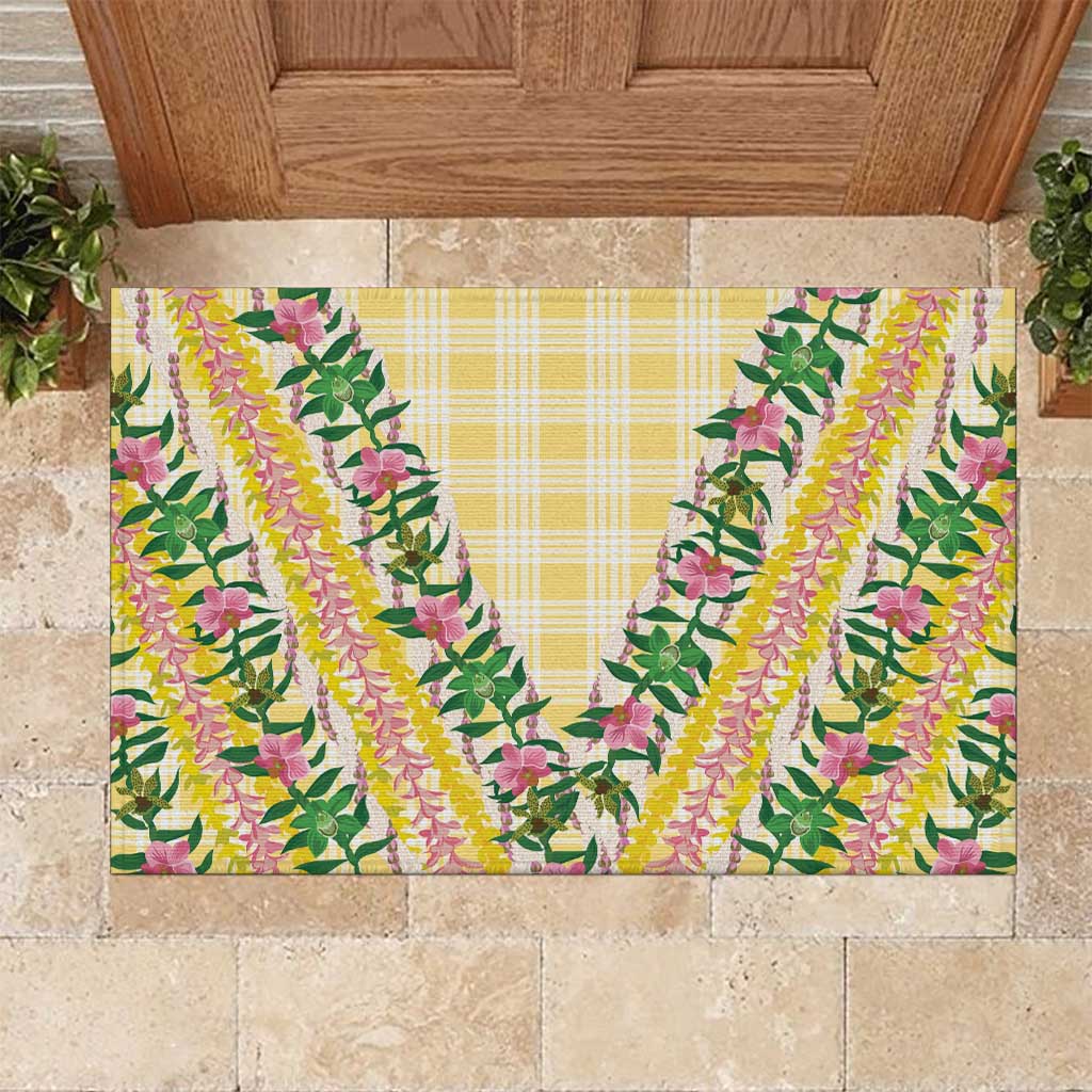 Hawaii Pikake Lokelani Plumeria Lei Rubber Doormat Yellow Palaka Motifs
