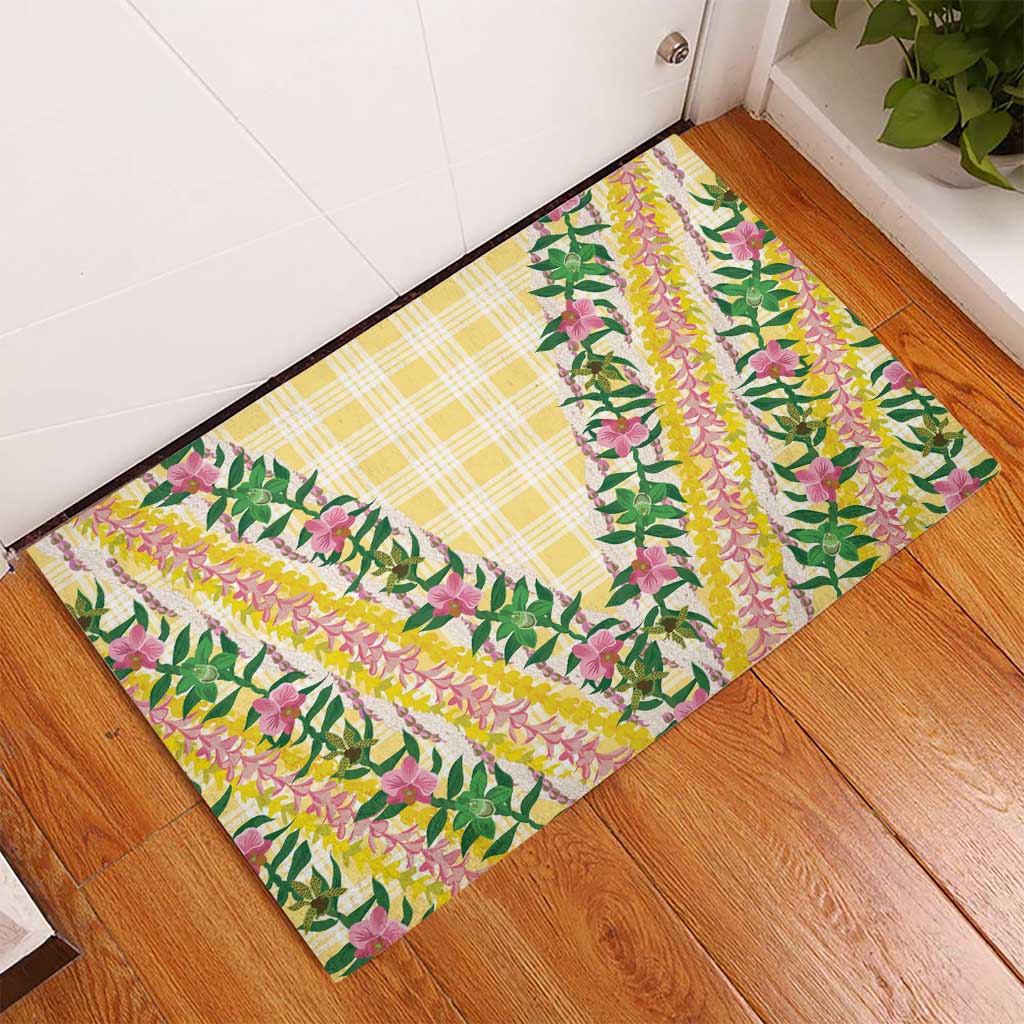 Hawaii Pikake Lokelani Plumeria Lei Rubber Doormat Yellow Palaka Motifs