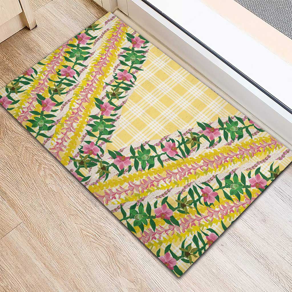 Hawaii Pikake Lokelani Plumeria Lei Rubber Doormat Yellow Palaka Motifs