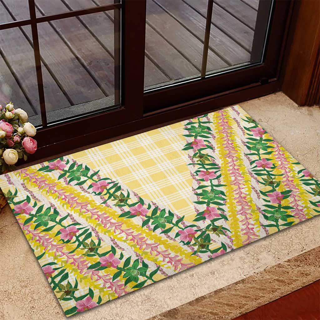 Hawaii Pikake Lokelani Plumeria Lei Rubber Doormat Yellow Palaka Motifs