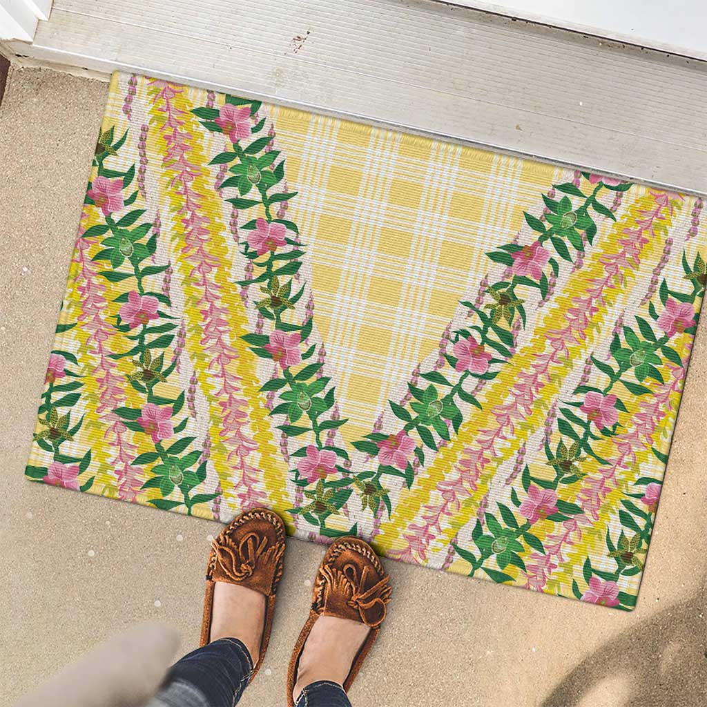 Hawaii Pikake Lokelani Plumeria Lei Rubber Doormat Yellow Palaka Motifs