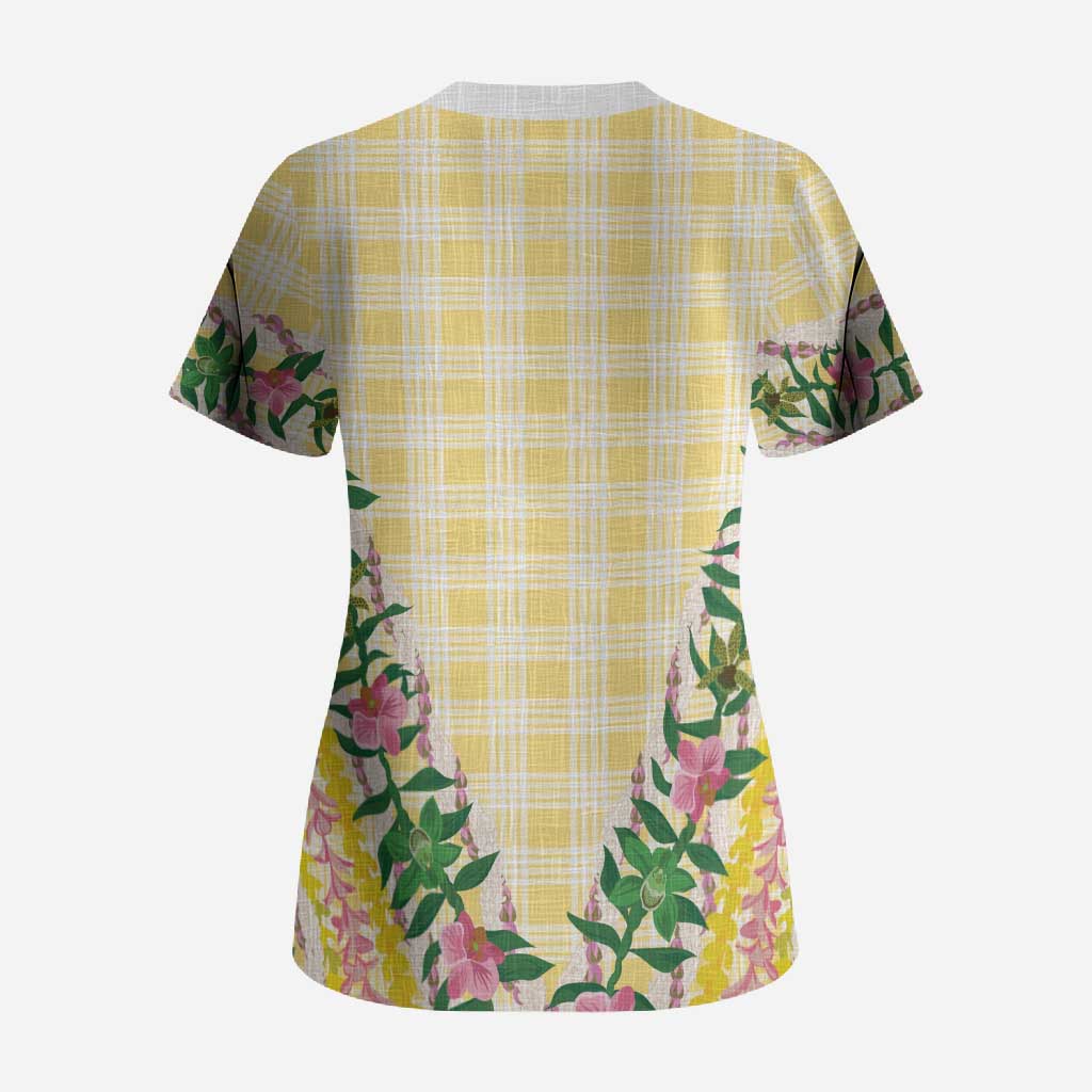 Hawaii Pikake Lokelani Plumeria Lei Scrub Top Yellow Palaka Motifs LT05 - Polynesian Pride