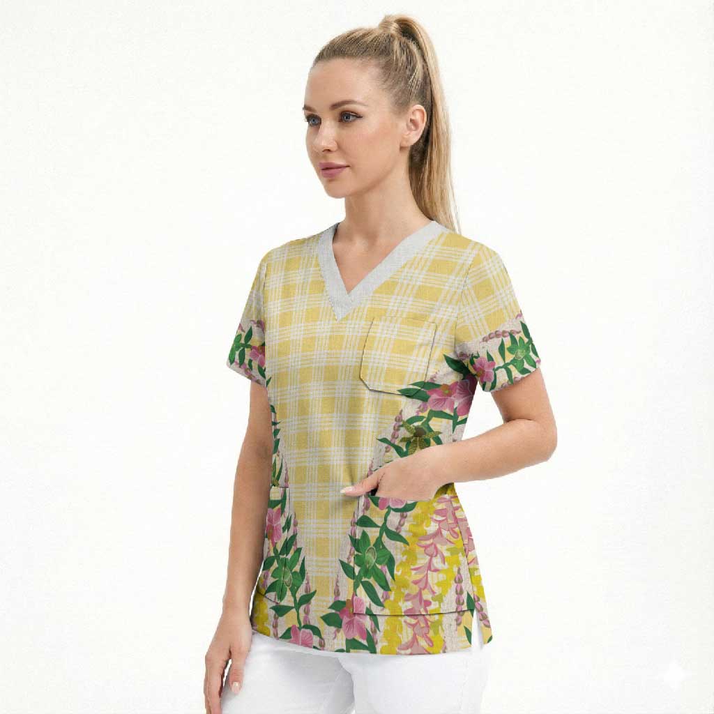 Hawaii Pikake Lokelani Plumeria Lei Scrub Top Yellow Palaka Motifs LT05 - Polynesian Pride