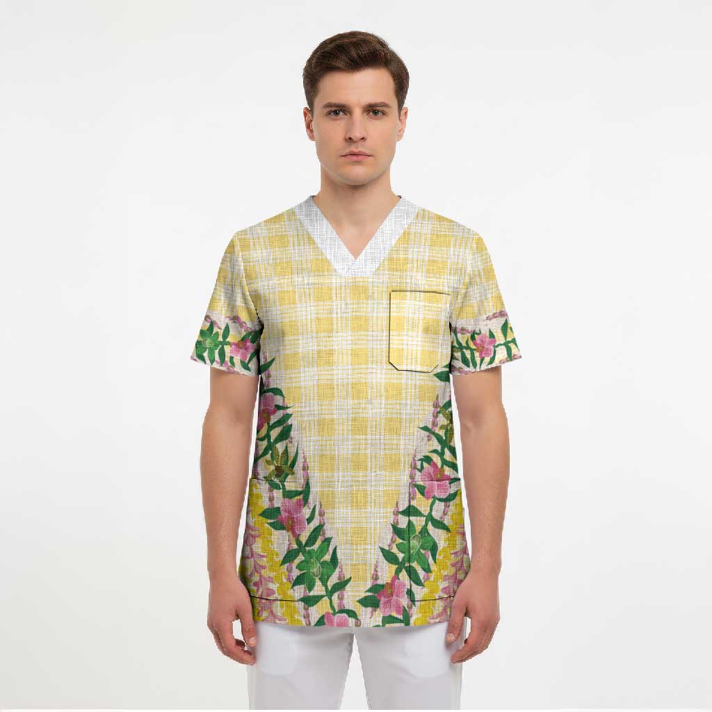 Hawaii Pikake Lokelani Plumeria Lei Scrub Top Yellow Palaka Motifs LT05 - Polynesian Pride