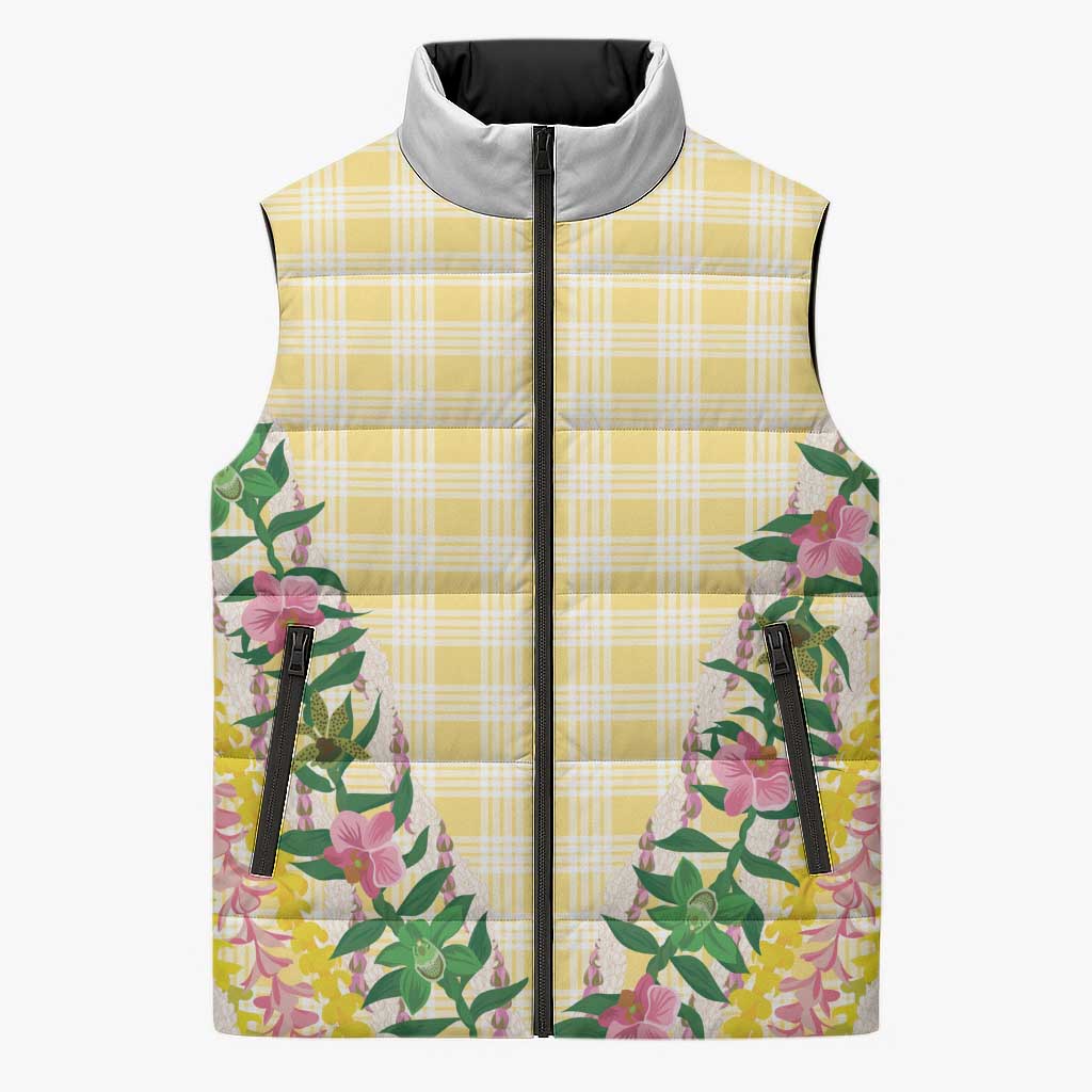 Hawaii Pikake Lokelani Plumeria Lei Sleeveless Puffer Jacket Yellow Palaka Motifs