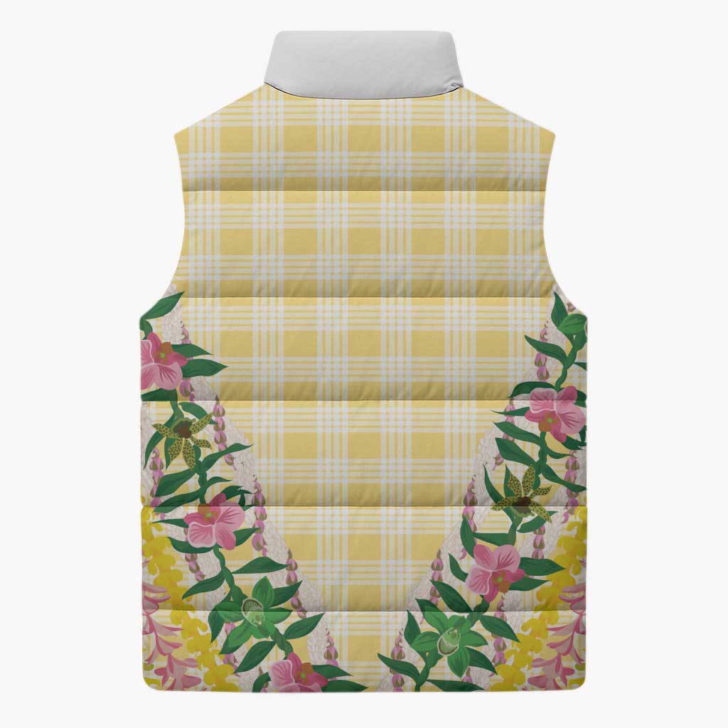 Hawaii Pikake Lokelani Plumeria Lei Sleeveless Puffer Jacket Yellow Palaka Motifs