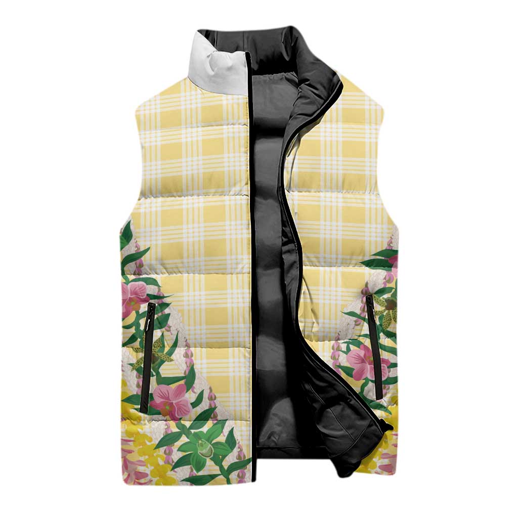 Hawaii Pikake Lokelani Plumeria Lei Sleeveless Puffer Jacket Yellow Palaka Motifs