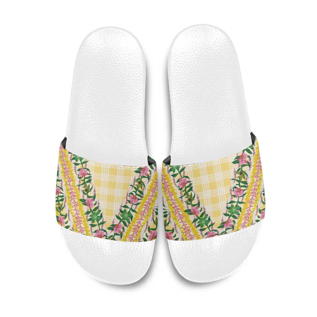 Hawaii Pikake Lokelani Plumeria Lei Slide Sandals Yellow Palaka Motifs