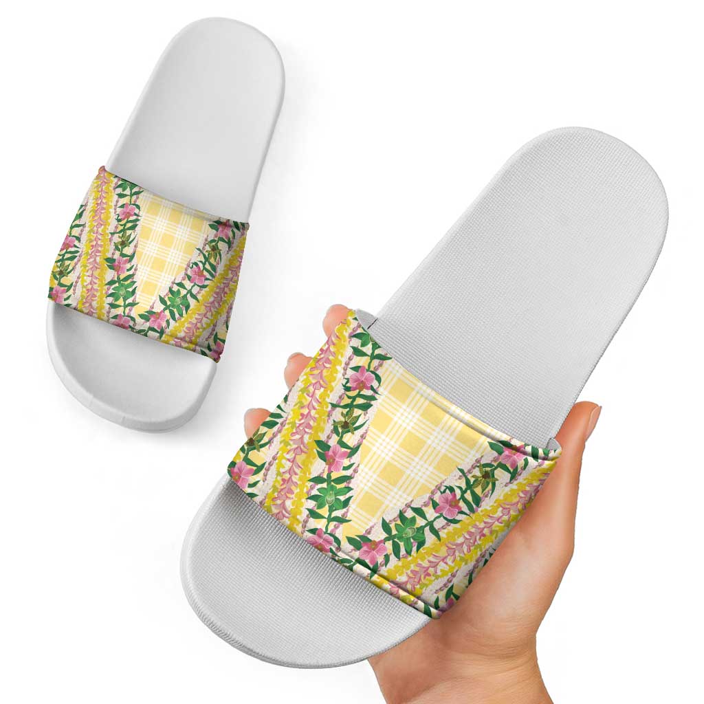 Hawaii Pikake Lokelani Plumeria Lei Slide Sandals Yellow Palaka Motifs