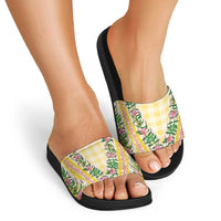 Hawaii Pikake Lokelani Plumeria Lei Slide Sandals Yellow Palaka Motifs