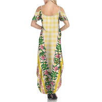 Hawaii Pikake Lokelani Plumeria Lei Summer Maxi Dress Yellow Palaka Motifs LT05 - Polynesian Pride