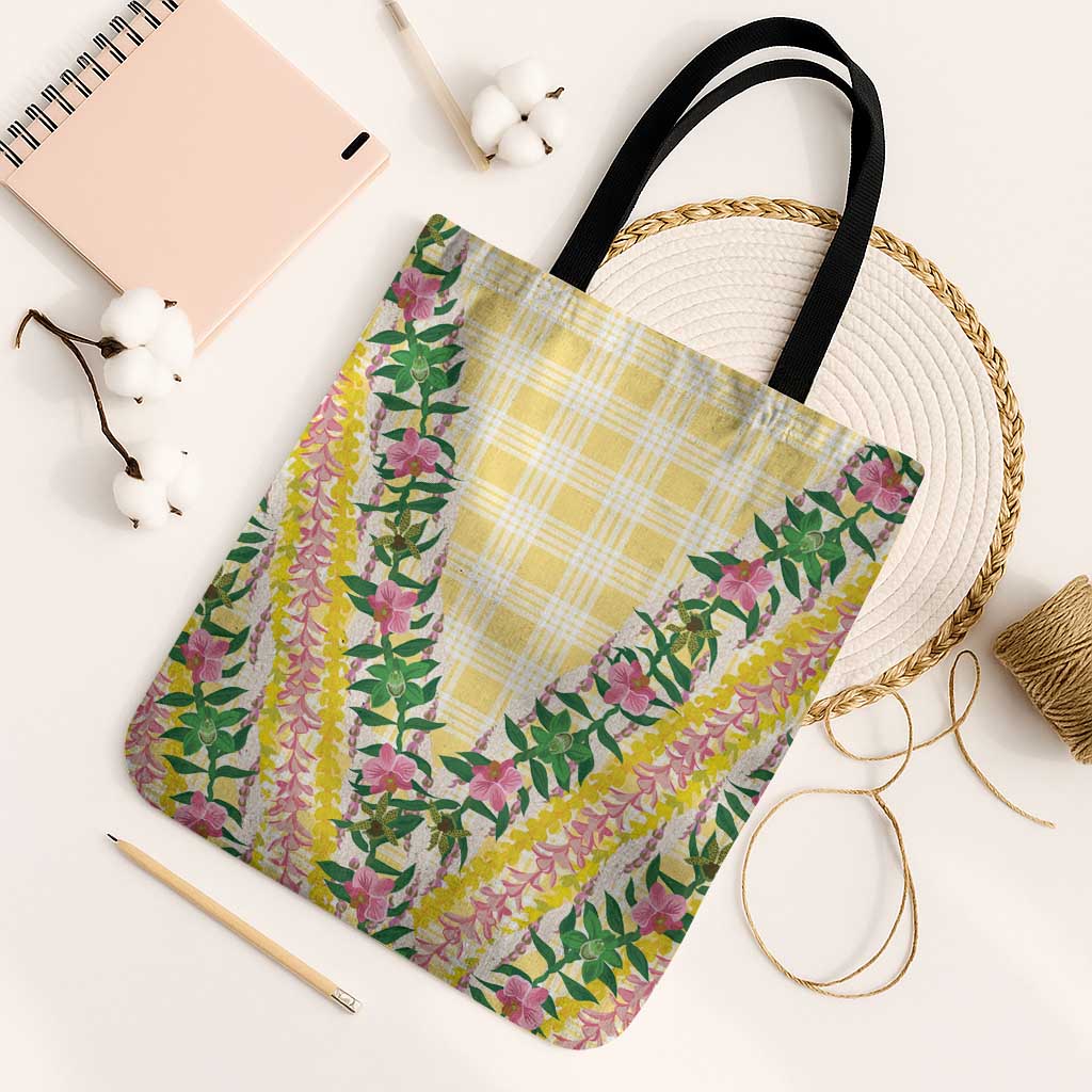 Hawaii Pikake Lokelani Plumeria Lei Tote Bag Yellow Palaka Motifs LT05 Black Strap One Size Yellow - Polynesian Pride