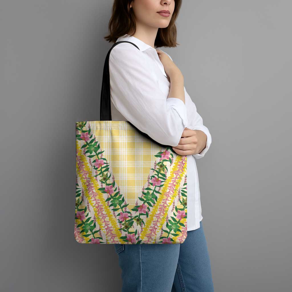 Hawaii Pikake Lokelani Plumeria Lei Tote Bag Yellow Palaka Motifs LT05 - Polynesian Pride