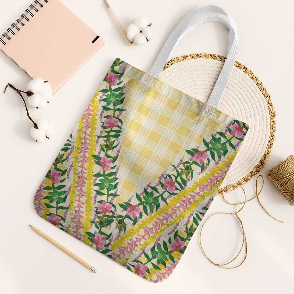Hawaii Pikake Lokelani Plumeria Lei Tote Bag Yellow Palaka Motifs LT05 White Strap One Size Yellow - Polynesian Pride