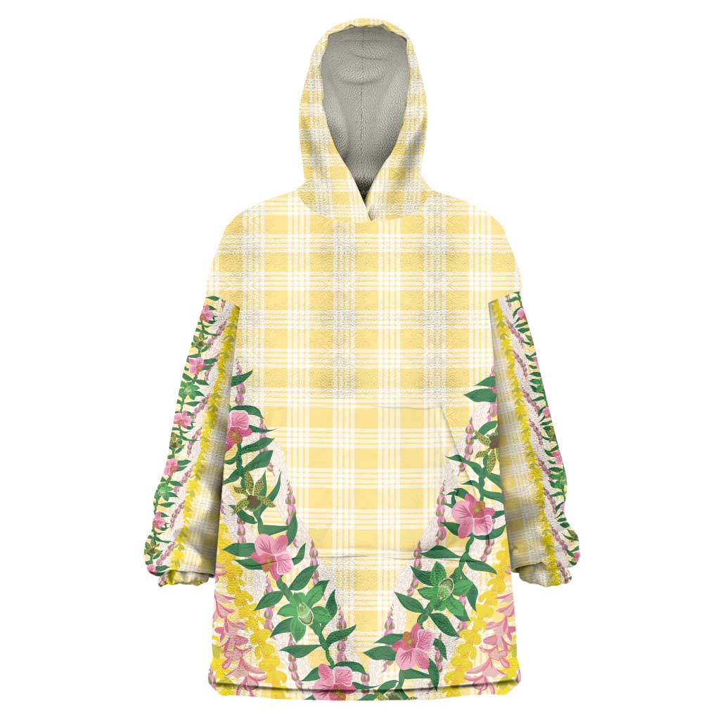 Hawaii Pikake Lokelani Plumeria Lei Wearable Blanket Hoodie Yellow Palaka Motifs