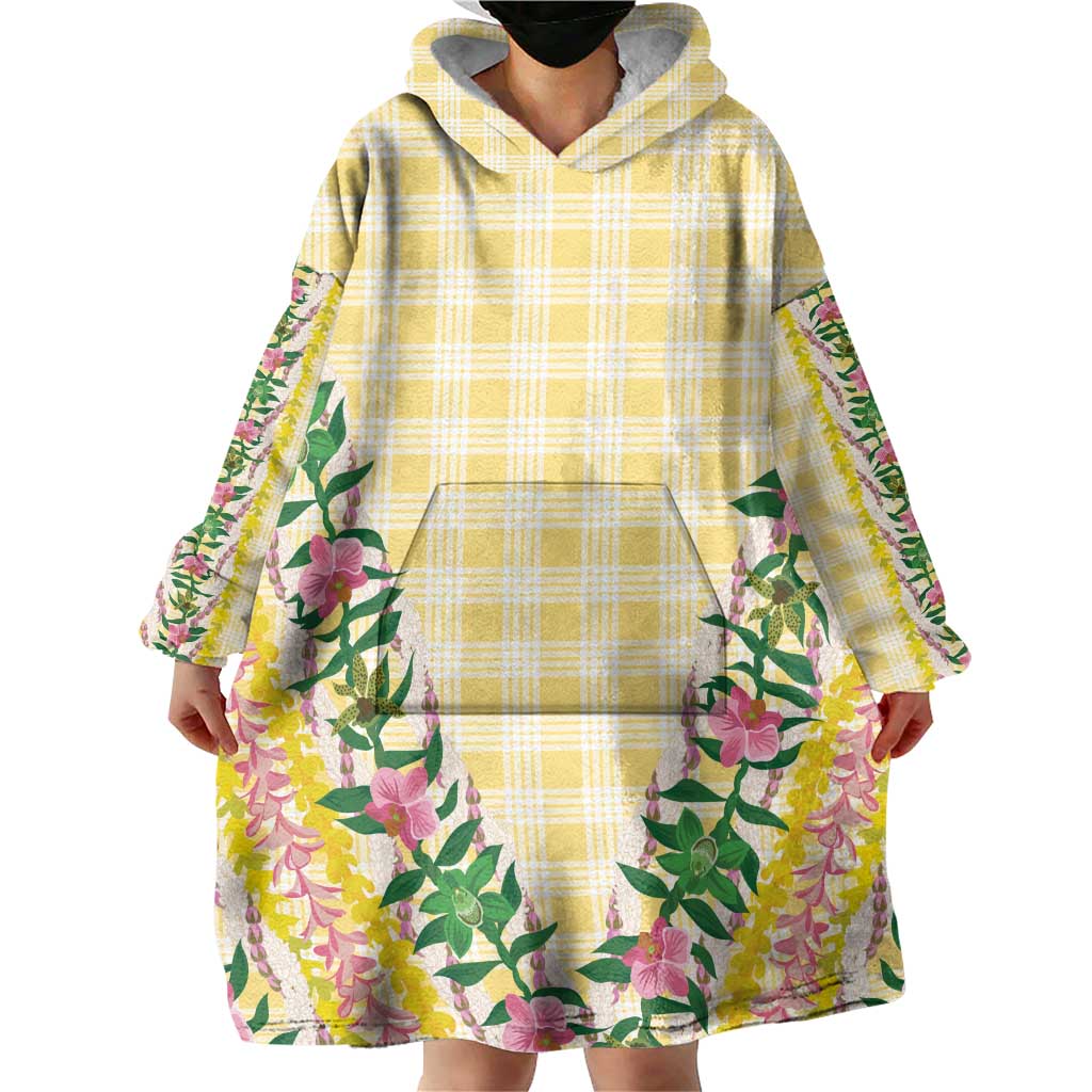 Hawaii Pikake Lokelani Plumeria Lei Wearable Blanket Hoodie Yellow Palaka Motifs