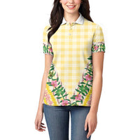Hawaii Pikake Lokelani Plumeria Lei Women Polo Shirt Yellow Palaka Motifs
