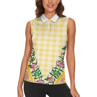 Hawaii Pikake Lokelani Plumeria Lei Women Sleeveless Polo Shirt Yellow Palaka Motifs