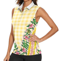 Hawaii Pikake Lokelani Plumeria Lei Women Sleeveless Polo Shirt Yellow Palaka Motifs