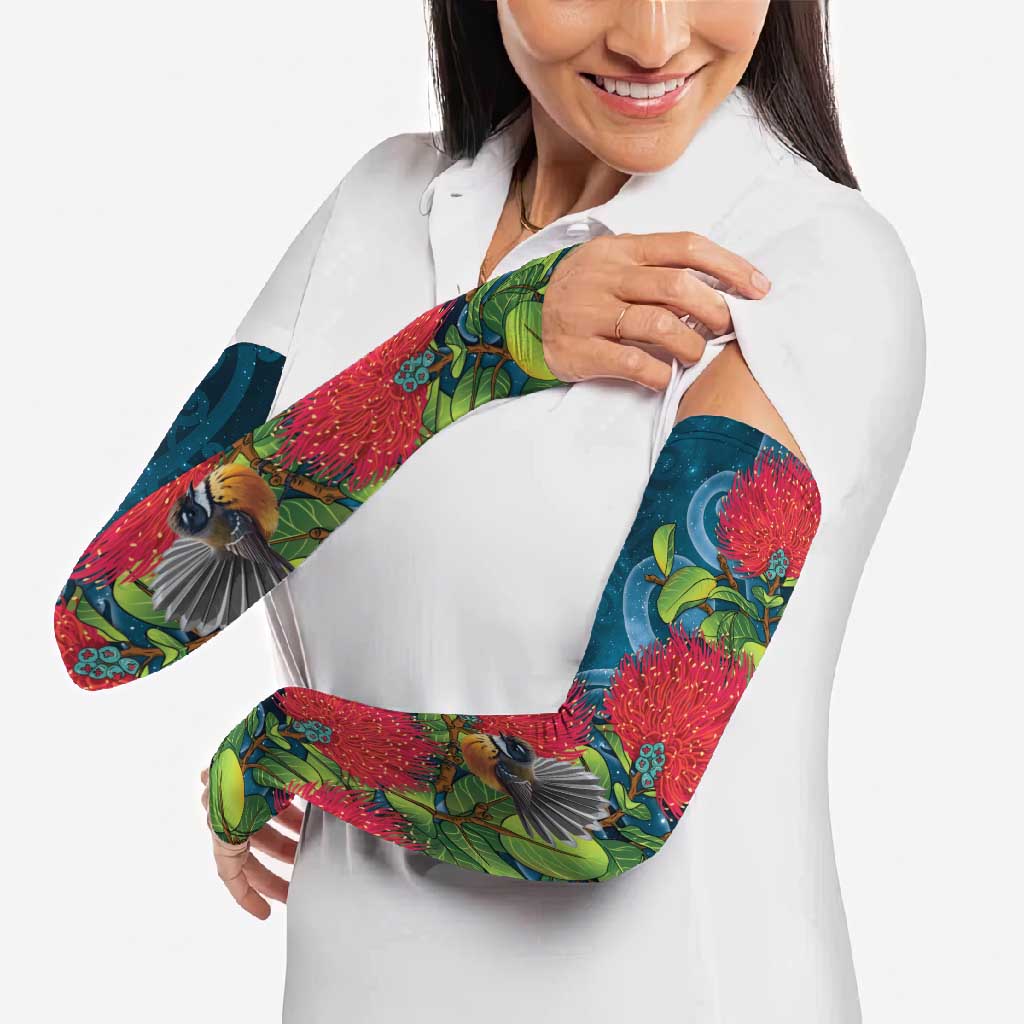New Zealand Matariki Piwakawaka Arm Sleeves Maori Koru With Pohutukawa Flowers