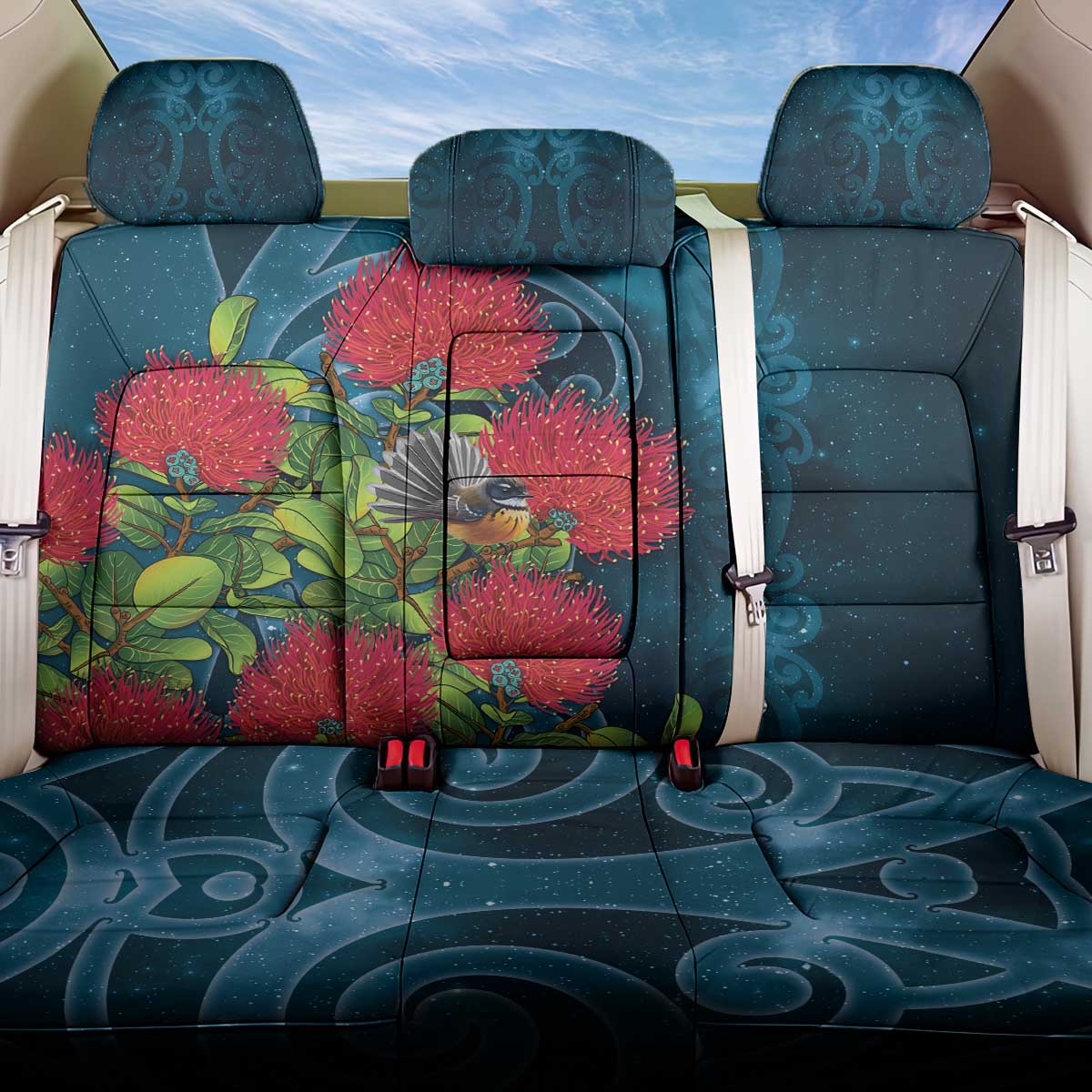 New Zealand Matariki Piwakawaka Back Car Seat Cover Maori Koru With Pohutukawa Flowers LT05 One Size Dark Teal - Polynesian Pride