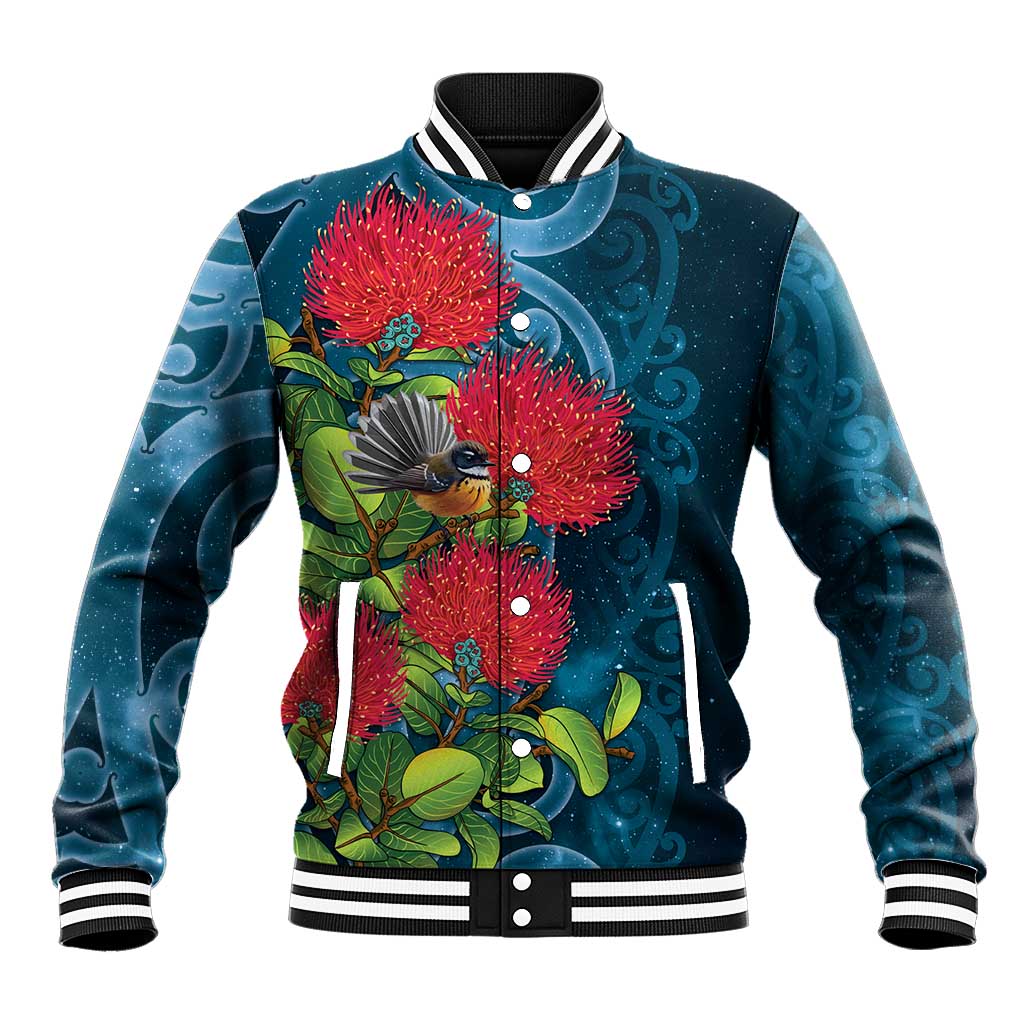 New Zealand Matariki Piwakawaka Baseball Jacket Maori Koru With Pohutukawa Flowers LT05 Unisex Dark Teal - Polynesian Pride