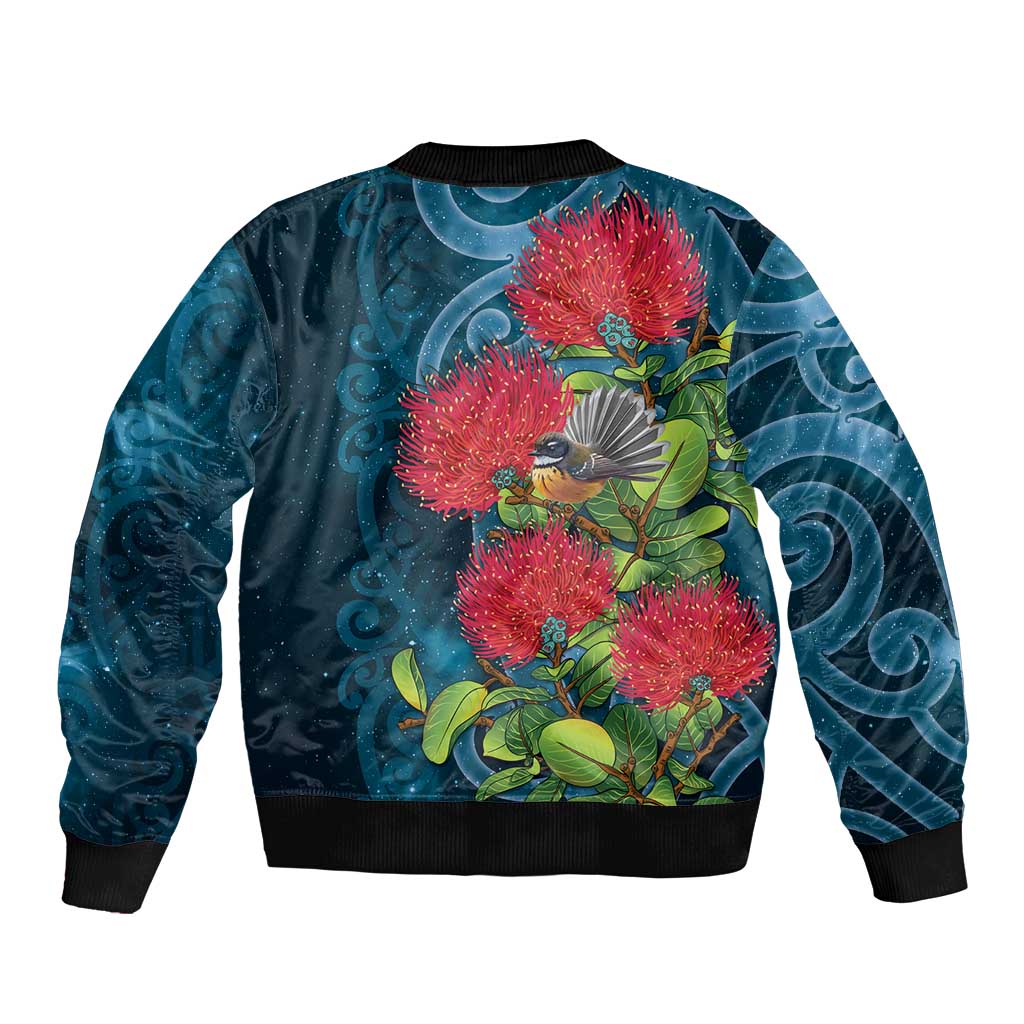 New Zealand Matariki Piwakawaka Bomber Jacket Maori Koru With Pohutukawa Flowers LT05 - Polynesian Pride