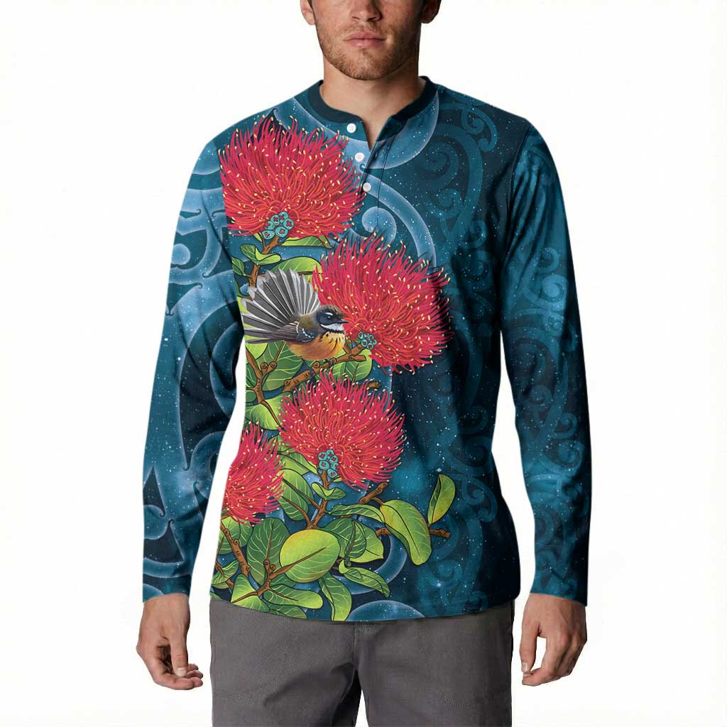 New Zealand Matariki Piwakawaka Button Sweatshirt Maori Koru With Pohutukawa Flowers