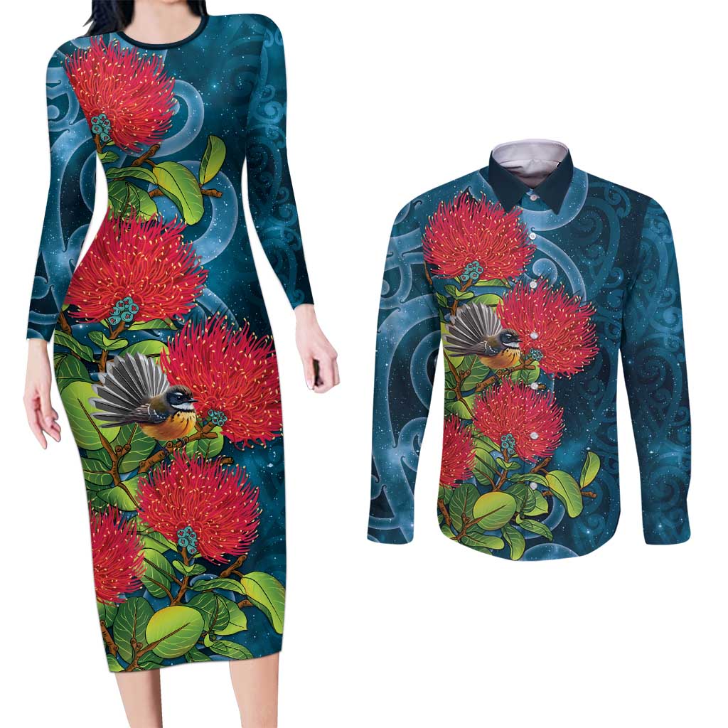 New Zealand Matariki Piwakawaka Couples Matching Long Sleeve Bodycon Dress and Long Sleeve Button Shirt Maori Koru With Pohutukawa Flowers LT05 Dark Teal - Polynesian Pride