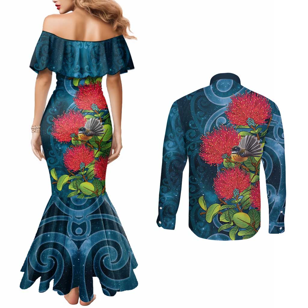 New Zealand Matariki Piwakawaka Couples Matching Mermaid Dress and Long Sleeve Button Shirt Maori Koru With Pohutukawa Flowers