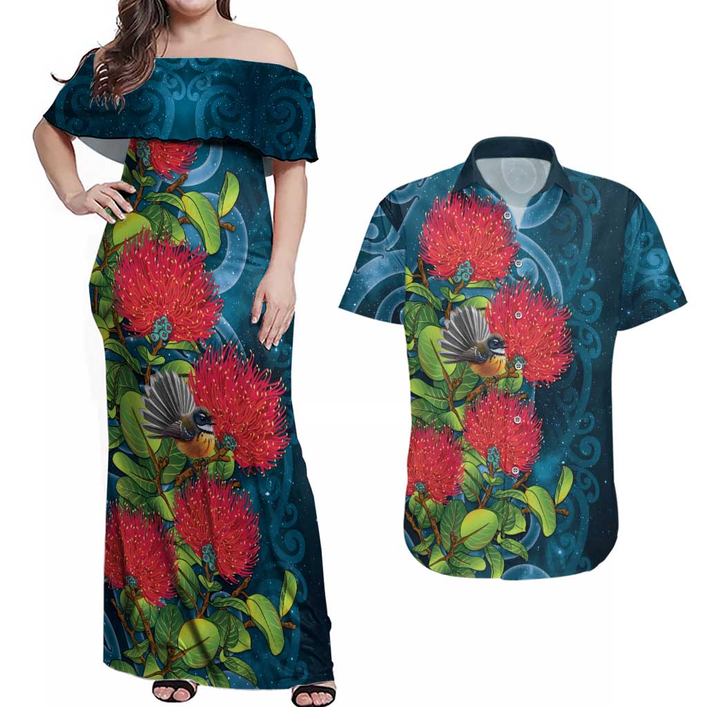 New Zealand Matariki Piwakawaka Couples Matching Off Shoulder Maxi Dress and Hawaiian Shirt Maori Koru With Pohutukawa Flowers LT05 Dark Teal - Polynesian Pride
