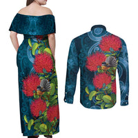 New Zealand Matariki Piwakawaka Couples Matching Off Shoulder Maxi Dress and Long Sleeve Button Shirt Maori Koru With Pohutukawa Flowers